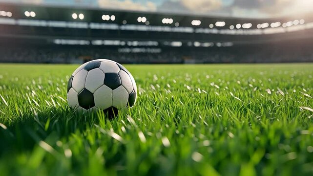 Soccer ball on stadium grass, sunset