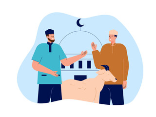Muslim man purchase goat for ramadan festival Illustration. Moslem illustration. Flat vector illustration concept.