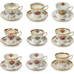 Fototapeta premium Elegant Porcelain Tea Cup Set with Floral Designs, Perfect for Vintage Afternoon Tea and Collectible Displays