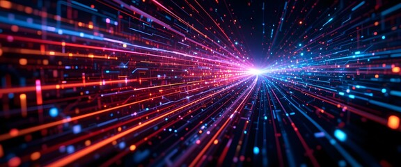 Naklejka premium Futuristic Digital Data Stream with Glowing Neon Light Trails