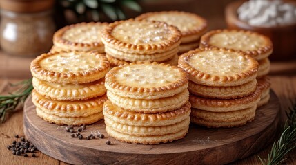Stacked cookies on wooden board, kitchen background