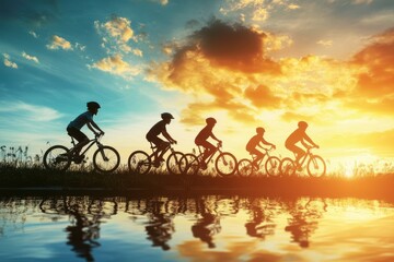 Obraz premium A group of individuals enjoys biking on a lush hill beside a serene body of water, showcasing outdoor recreation and scenic beauty.