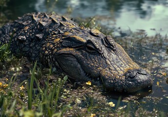 Obraz premium Close-Up of a Majestic Alligator Lying on the Bank of a Serene Wetland Surrounded by Lush Greenery and Water, Capturing Nature's Raw Beauty Outdoors