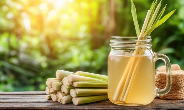 Lemongrass tea in mason jar on table, outdoor garden background, for health blogs