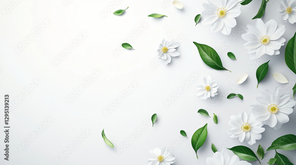 Poster white flowers beautifully complemented by green leaves on a soft white background creating a refresh