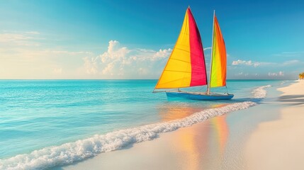 A vibrant sailboat rests on the beach, featuring a striking red sail that contrasts beautifully with the sandy shore and clear blue skies.