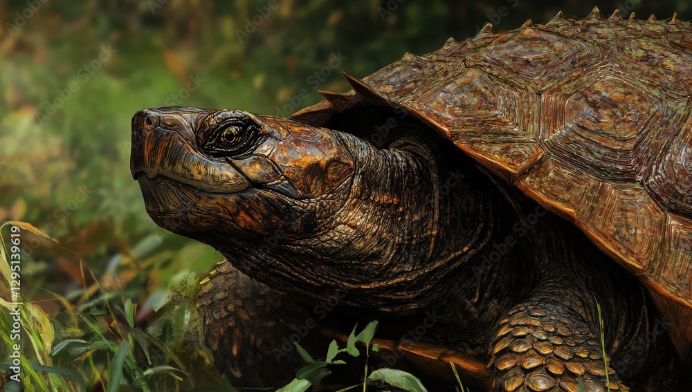 Poster close-up of a majestic turtle in its natural habitat surrounded by lush greenery and warm sunlight h