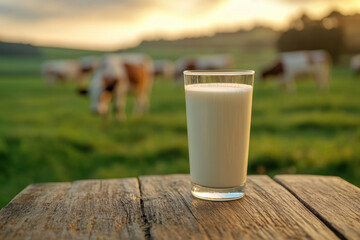 glass of fresh milk on rustic wooden table with cows grazing in background, evoking serene countryside atmosphere