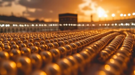 Fototapeta premium The Kaaba sits amongst many reflective golden prayer beads