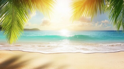 Obraz premium A serene aerial view of a beach showcasing palm trees under a bright sun, capturing the essence of a tropical paradise.