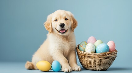A playful golden retriever puppy sitting next to a basket of Easter eggs