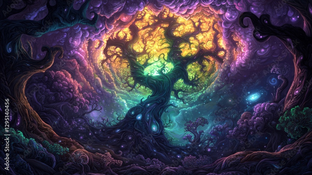 Poster enchanted tree in a mystical forest with colorful celestial background and surreal elements illumina