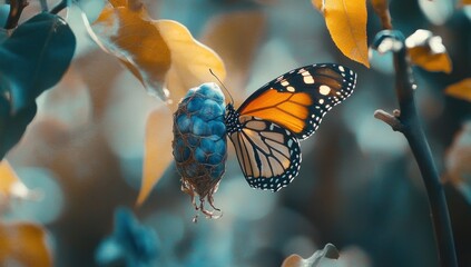 Monarch butterfly emerging from chrysalis on branch.