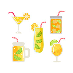 Orange and Lime juice bottle, glass, pack set. Flat vector illustration isolated background.