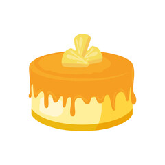 Caramel pudding cake dessert with fruits and melting syrup, Flat vector illustration