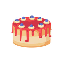 Birthday cake. Sweet holiday bakery. Pastry chocolate with blueberry fruit, Dessert for breakfast. Vector hand drawn flat cartoon illustration