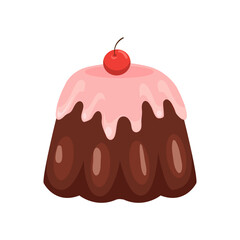 Pudding chocolate with strawberry sauce and cherry on top. Flat vector illustration