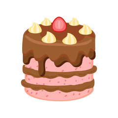 Strawberry cake with chocolate sauce topping and  a slice of strawberry fruit on top