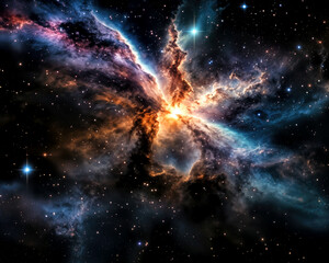 Obraz premium A brilliant cosmic explosion is taking place amidst the rich expanse of outer space, showcasing vibrant colors and intricate patterns in a stunning display of celestial energy.