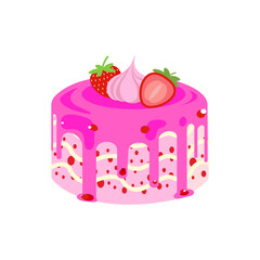 A vector illustration of a strawberry cake with pink glaze, cream, and fresh strawberries on top. Ideal for bakery branding, dessert menus, packaging, and food related designs.