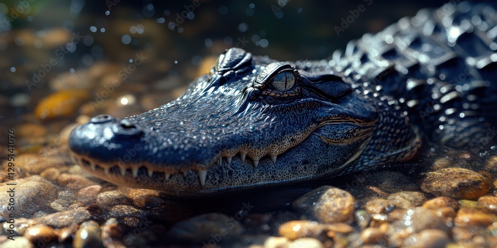 Poster close-up of a realistic alligator displaying scales and texture in a shallow water environment surro