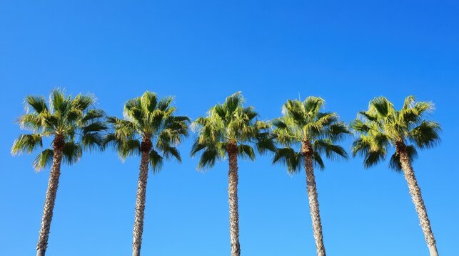 A vibrant scene featuring graceful palm trees under a clear blue sky, complemented by a charming clock tower in the background.