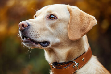 close up of yellow Labrador retriever with brown collar, showcasing its expressive eyes and soft fur. warm background adds cozy feel to image