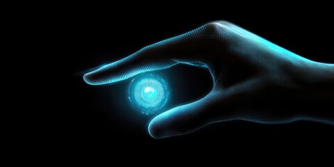 A holographic AI icon illuminating under a human touch.
