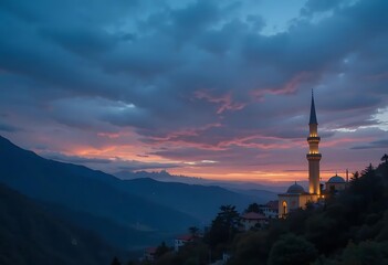 Obraz premium Mountaintop Mosque at Sunset: Serene Twilight Landscape