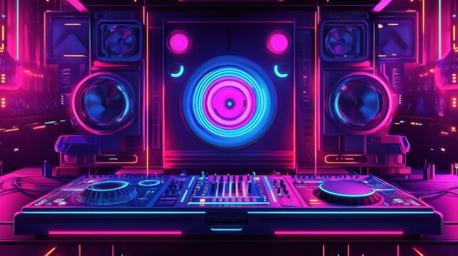 Neon DJ Booth with Colorful Speakers and Vibrant Lighting Effects