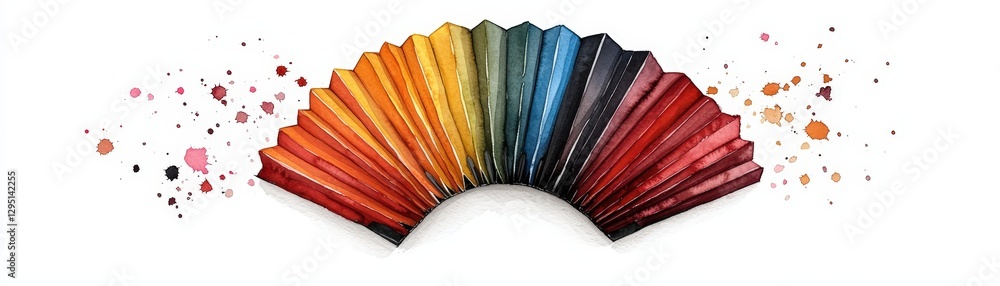 Poster a vibrant color palette spread in a fan shape, with splashes of paint creating an artistic and creat