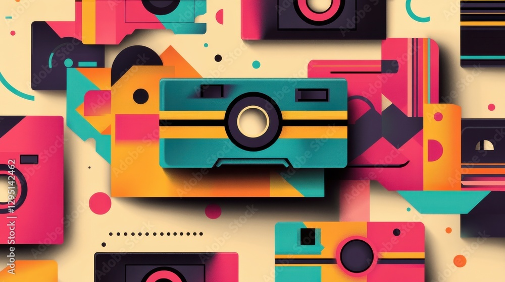Poster colorful retro camera patterns with abstract geometric shapes