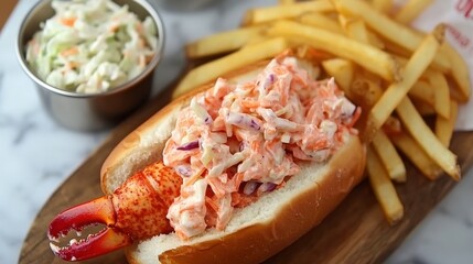 Lobster Roll with Fries and Coleslaw on Wooden Tray