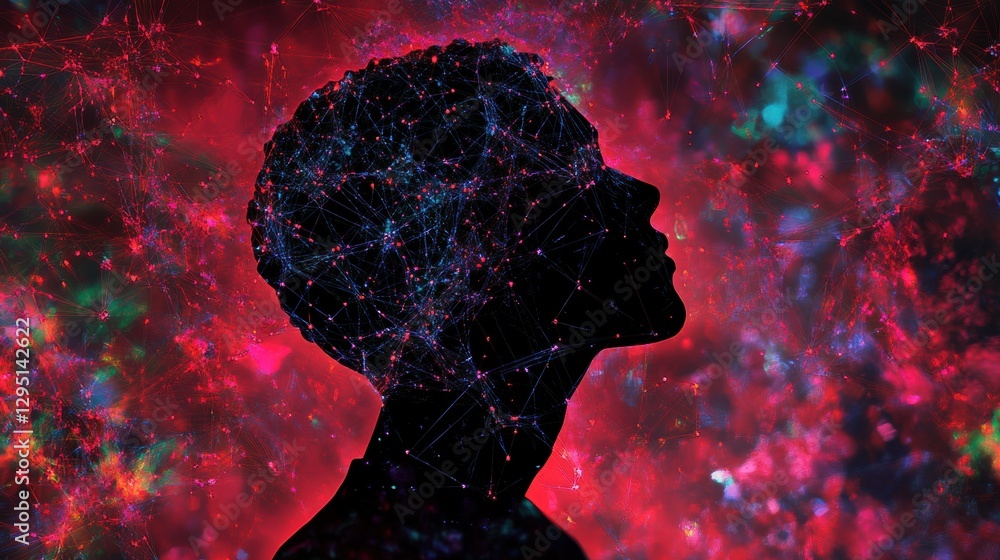Poster human silhouette filled with glowing ai nodes and digital fractals in a cosmic cyberpunk landscape a