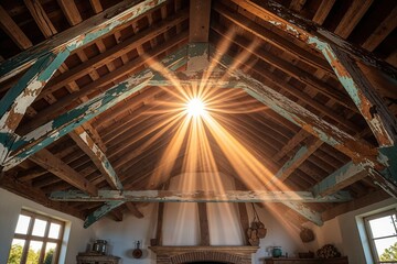Obraz premium Evening Sunlight Illuminating Weathered Wooden Beams in Rustic Interior Design
