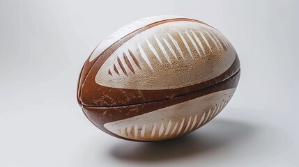 Closeup of a leather rugby ball on a sports field with spectator stands in the background  The ball has a textured design and pattern conveying the energy and competition of a rugby match