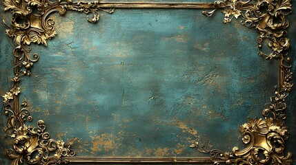 Ornate Golden Frame on Textured Teal Background for Artwork Display