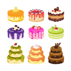 Delicious desserts, pastries, birthday cakes with celebration candy and chocolate slices. Set of colorful cartoon vector illustrations isolated on white background