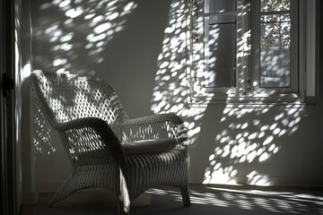 A stylish armless chair placed in a bright room, illuminated by sunlight streaming through a large window, creating a warm and inviting atmosphere.