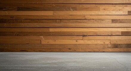 Rustic Timber Wooden Wall with Textured Hardwood Planks and Smooth Concrete Floor Background in a Natural Setting