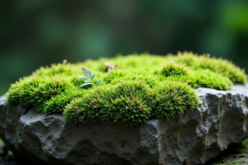 Lush Green Moss Thriving on a Rough-Textured Stone Surface, a Peaceful Nature Scene