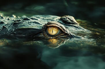 Obraz premium Close-Up of Alligator Eye Emerging from Water with Reflective Surface and Inviting Atmosphere in Serene Natural Habitat