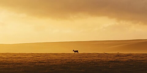 Obraz premium A lone deer crossing the moors in the soft evening light.