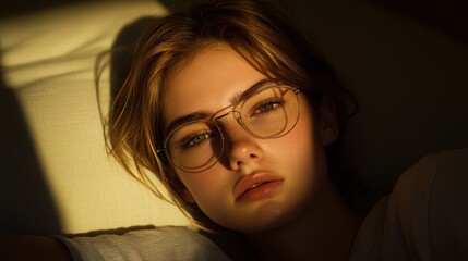 A relaxed blond woman wearing glasses enjoys sunlight while reclining on a comfortable bed, creating a serene and cozy atmosphere.
