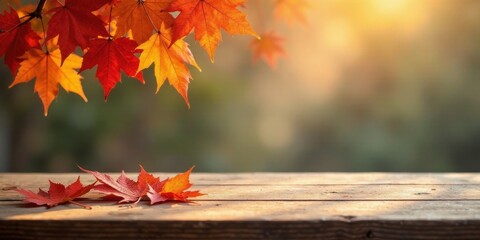 Autumnal Leaves on Rustic Wooden Surface with Soft Background Lighting