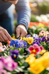 Fototapeta premium Closeup view of hands of gardener working in field planting flowers.