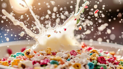 vibrant splash of milk over colorful cereal creates joyful scene, capturing essence of breakfast fun and excitement
