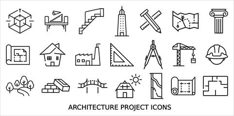 A set of twenty monochrome line art icons representing various elements of architecture and construction projects, including buildings, tools, plans, and natural features.