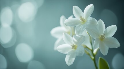 Obraz premium A vase holds delicate white flowers, elegantly displayed on a simple table, creating a serene and inviting atmosphere.