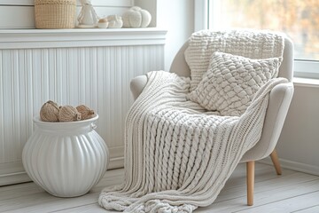 A cozy armchair adorned with a blanket and a decorative vase, set against a pristine white floor, creating a warm and inviting atmosphere.